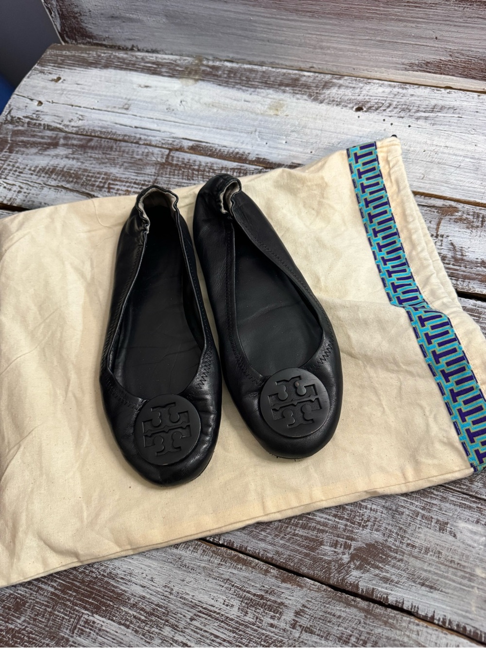 Tory Burch Black Leather Logo Ballet Flats